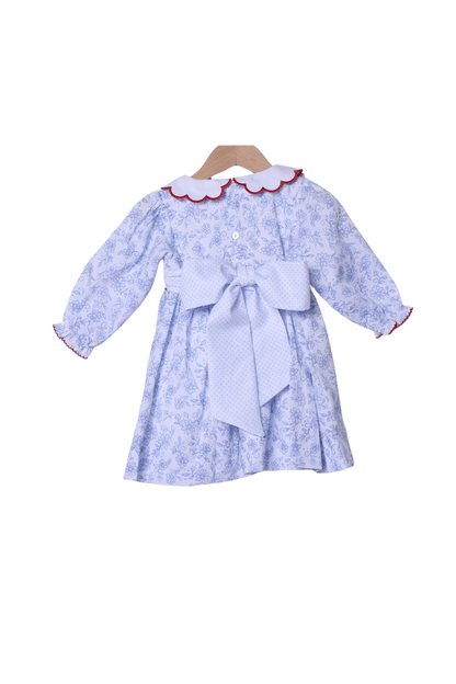 The Smocked Flamingo Apparel & Accessories Smocked Ginger Jar Christmas Tree Blue Floral Bow Dress
