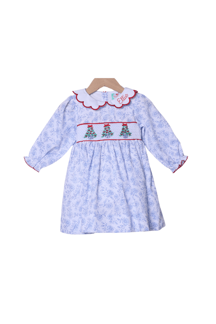 The Smocked Flamingo Apparel & Accessories Smocked Ginger Jar Christmas Tree Blue Floral Bow Dress