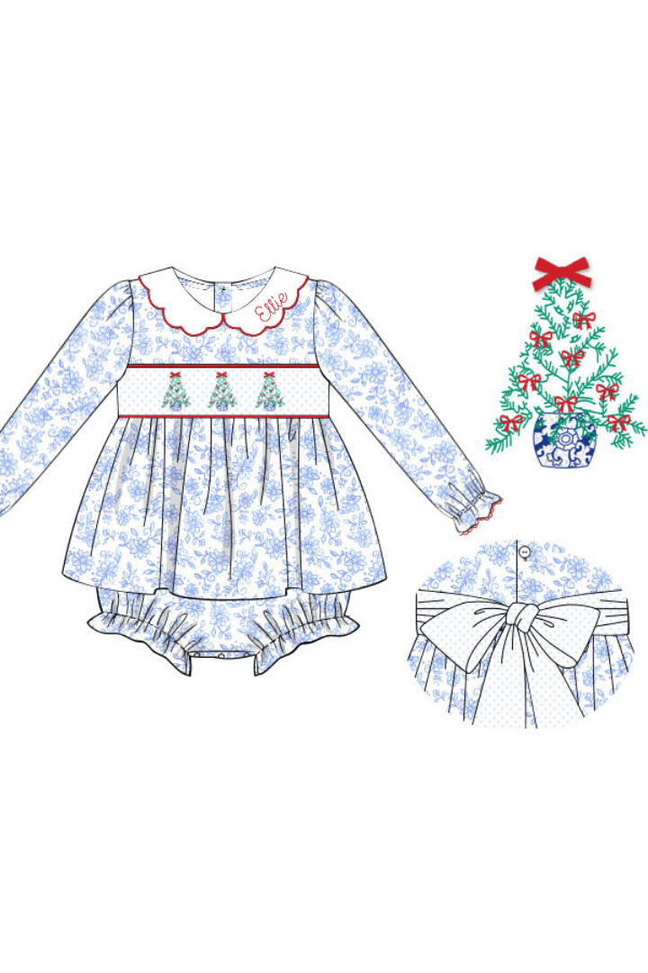 The Smocked Flamingo Apparel & Accessories Smocked Ginger Jar Christmas Tree Blue Floral Bow Skirted Bubble