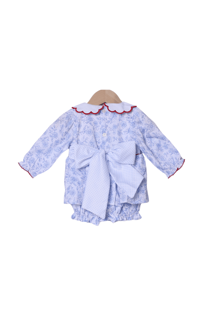 The Smocked Flamingo Apparel & Accessories Smocked Ginger Jar Christmas Tree Blue Floral Bow Skirted Bubble