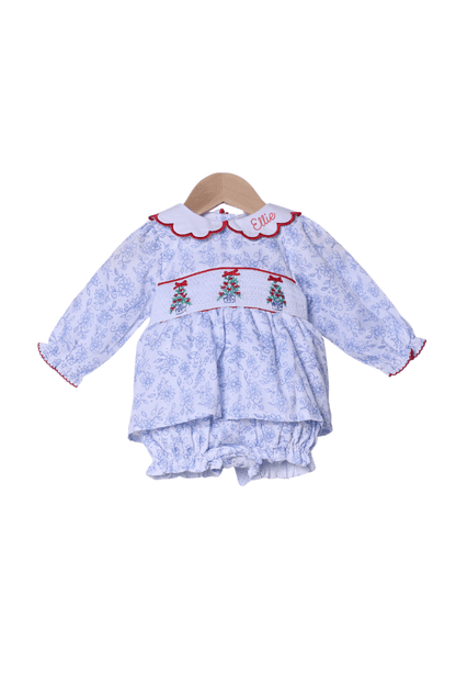 The Smocked Flamingo Apparel & Accessories Smocked Ginger Jar Christmas Tree Blue Floral Bow Skirted Bubble