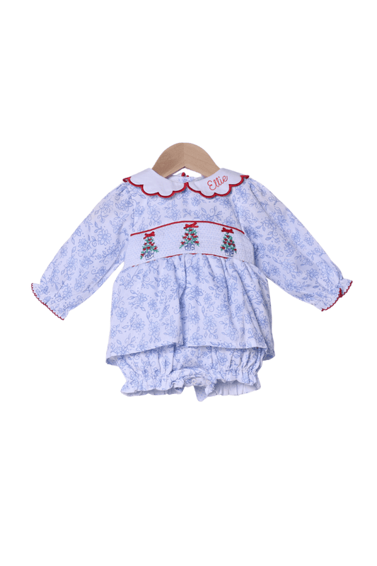 The Smocked Flamingo Apparel & Accessories Smocked Ginger Jar Christmas Tree Blue Floral Bow Skirted Bubble