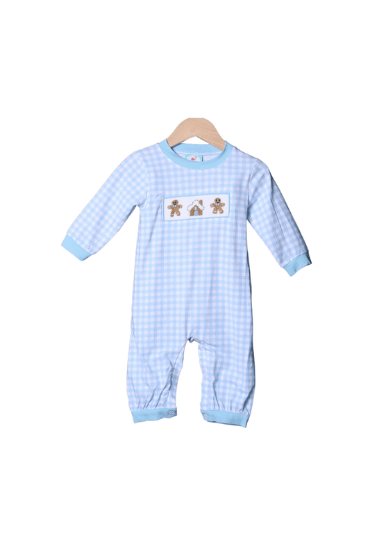 The Smocked Flamingo Apparel & Accessories Smocked Gingerbread Blue Gingham Romper