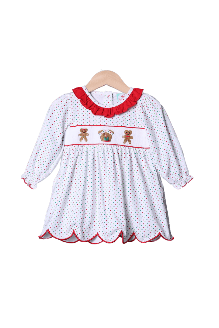 The Smocked Flamingo Apparel & Accessories Smocked Gingerbread Mouse Knit Polka Dot Dress