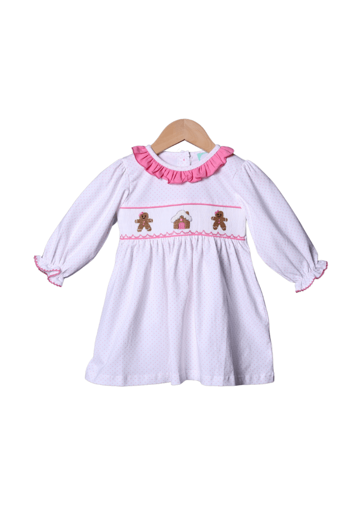 The Smocked Flamingo Apparel & Accessories Smocked Gingerbread Pink Bitty Dot Dress