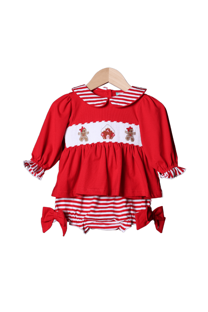 The Smocked Flamingo Apparel & Accessories Smocked Gingerbread Red Knit Bloomer Set