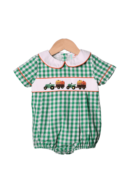 The Smocked Flamingo Apparel & Accessories Smocked Gingham Tractor Pumpkin Bubble