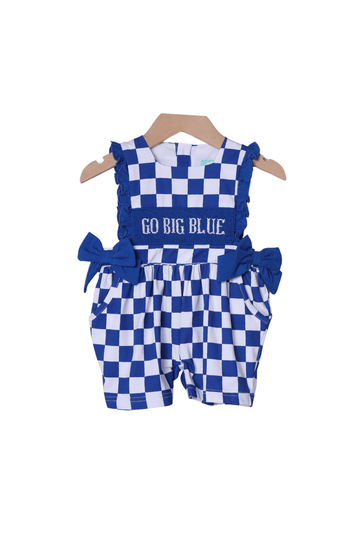 The Smocked Flamingo Apparel & Accessories Smocked Go Big Blue Bow Checkered Romper