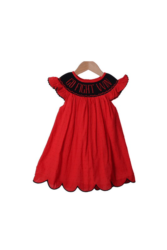 The Smocked Flamingo Apparel & Accessories Smocked Go, Fight, Win Red/Black Swiss Dot Dress