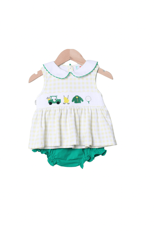 The Smocked Flamingo Apparel & Accessories Smocked Golf Classics Yellow Gingham Bloomer Set