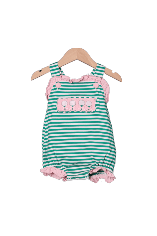 The Smocked Flamingo Apparel & Accessories Smocked Golf Green and Pink Stripe Bubble