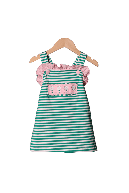 The Smocked Flamingo Apparel & Accessories Smocked Golf Green and Pink Stripe Dress