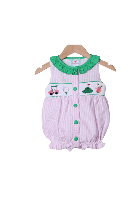 The Smocked Flamingo Apparel & Accessories Smocked Golf Pink Seersucker Ruffle Bubble