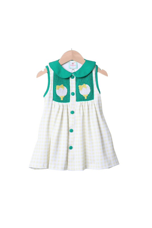 The Smocked Flamingo Apparel & Accessories Smocked Golf Yellow Gingham Bow Dress