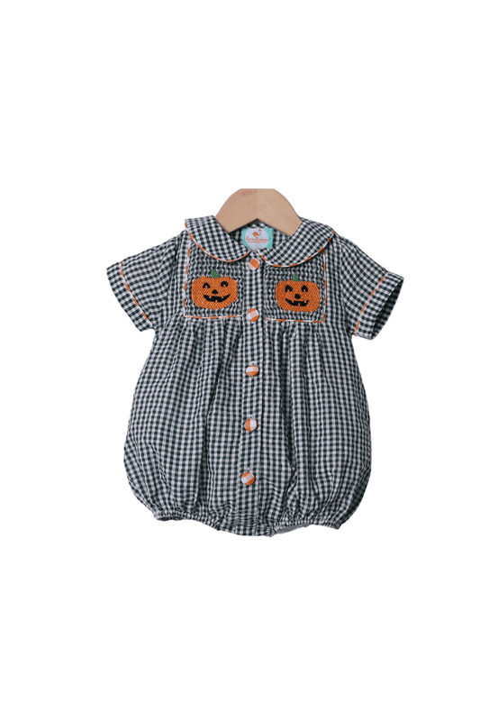 The Smocked Flamingo Apparel & Accessories Smocked Green Gingham Jack-O-Lantern Bubble