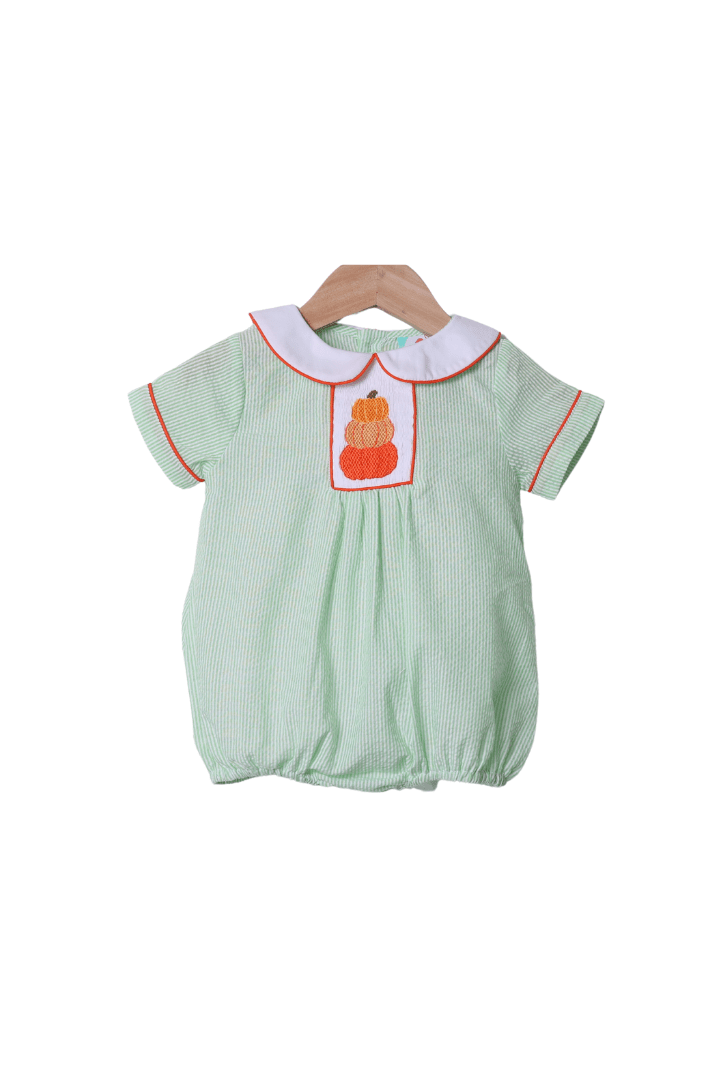 The Smocked Flamingo Apparel & Accessories Smocked Green Seersucker Pumpkin Bubble