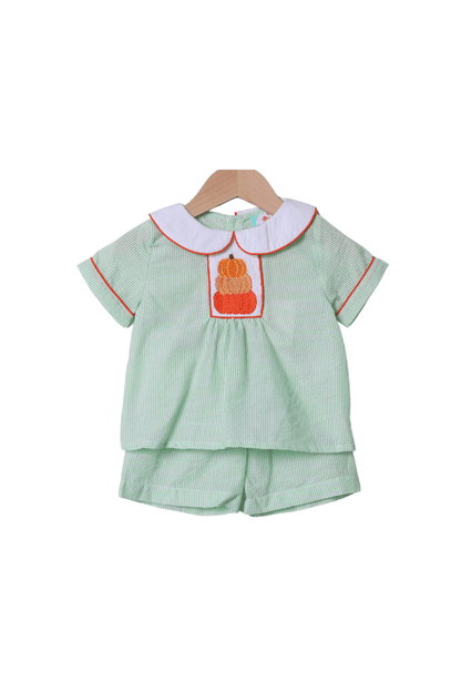 The Smocked Flamingo Apparel & Accessories Smocked Green Seersucker Pumpkin Short Set