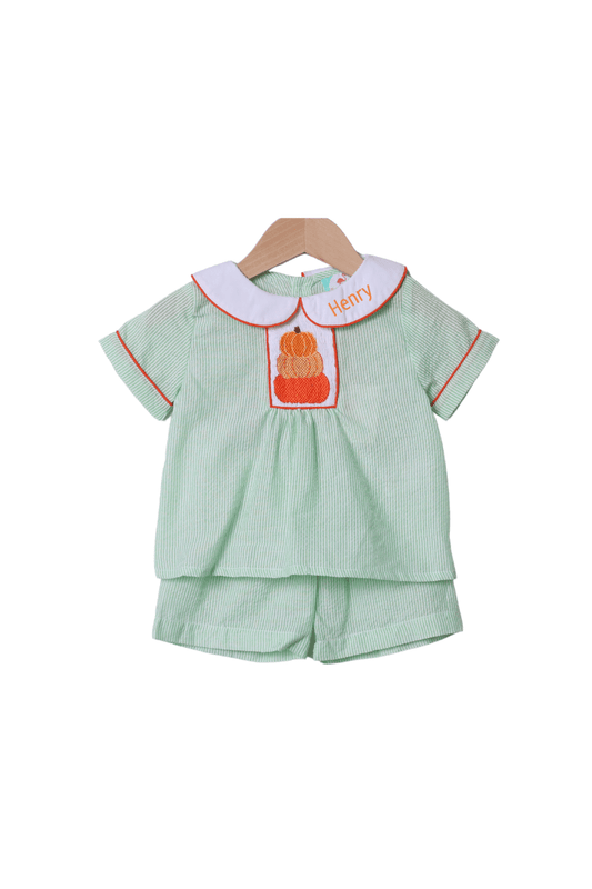 The Smocked Flamingo Apparel & Accessories Smocked Green Seersucker Pumpkin Short Set