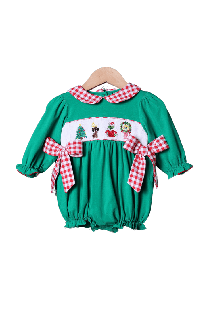 The Smocked Flamingo Apparel & Accessories Smocked Grouch Green Knit Bow Bubble