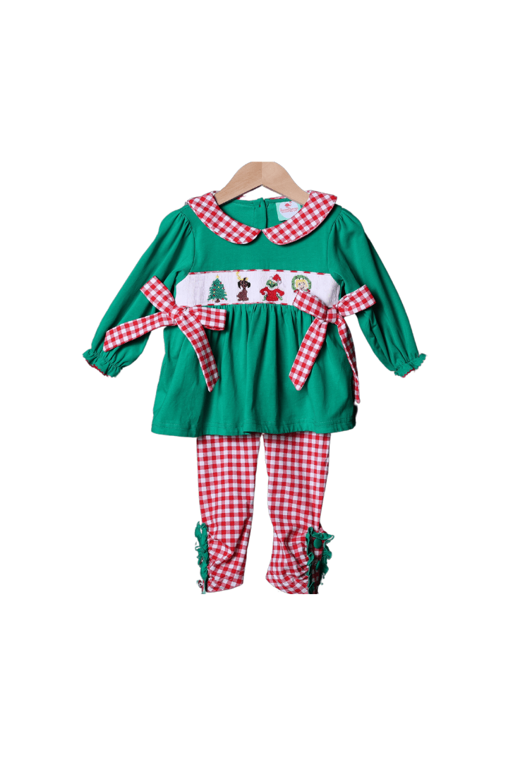 The Smocked Flamingo Apparel & Accessories Smocked Grouch Green Knit Pant Set