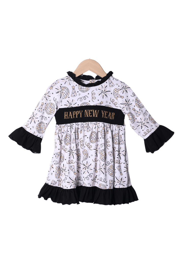 The Smocked Flamingo Apparel & Accessories Smocked Happy New Year Ruffle Swing Gown