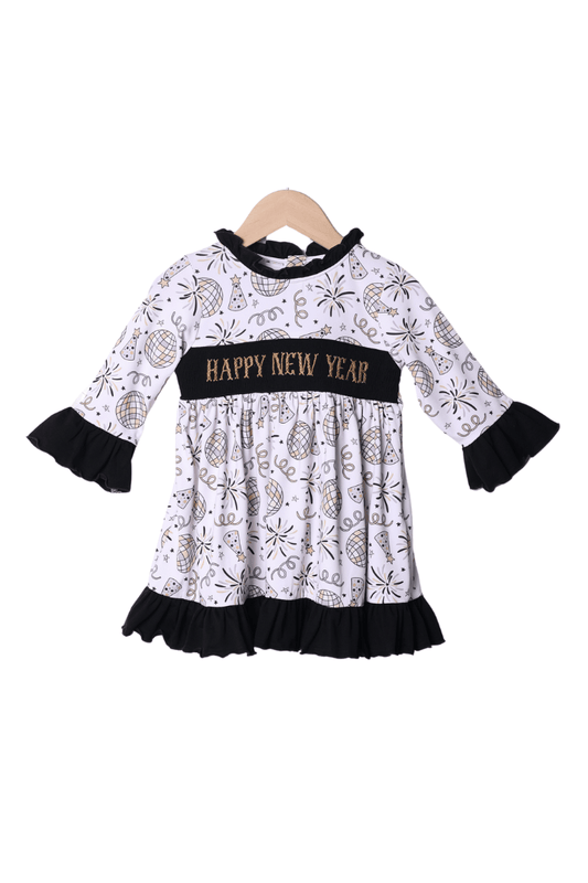 The Smocked Flamingo Apparel & Accessories Smocked Happy New Year Ruffle Swing Gown