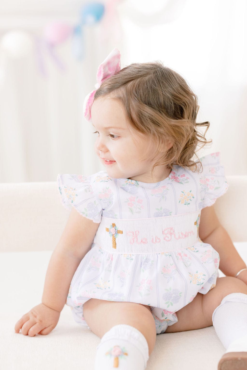 The Smocked Flamingo Apparel & Accessories Smocked He Is Risen Floral Cross Bubble