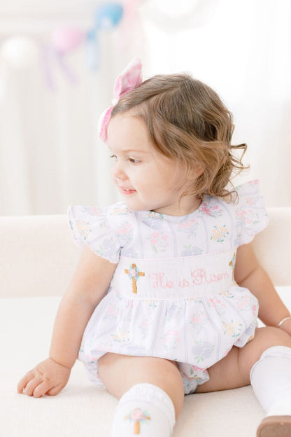 The Smocked Flamingo Apparel & Accessories Smocked He Is Risen Floral Cross Bubble