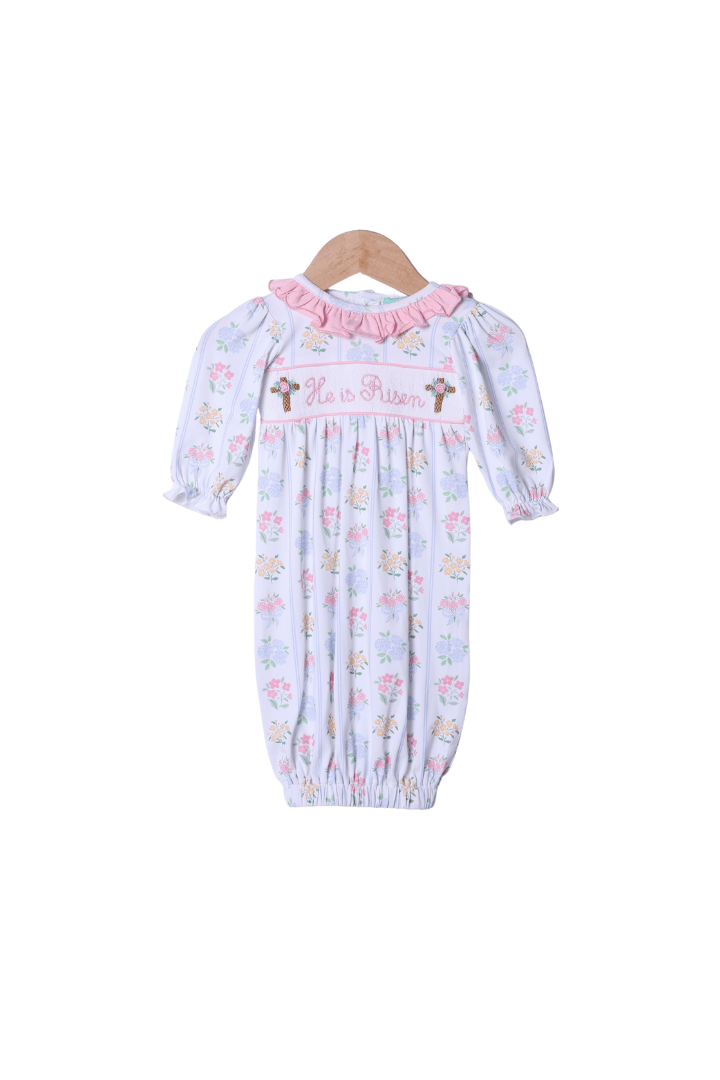 The Smocked Flamingo Apparel & Accessories Smocked He Is Risen Floral Cross Gown