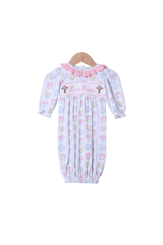 The Smocked Flamingo Apparel & Accessories Smocked He Is Risen Floral Cross Gown