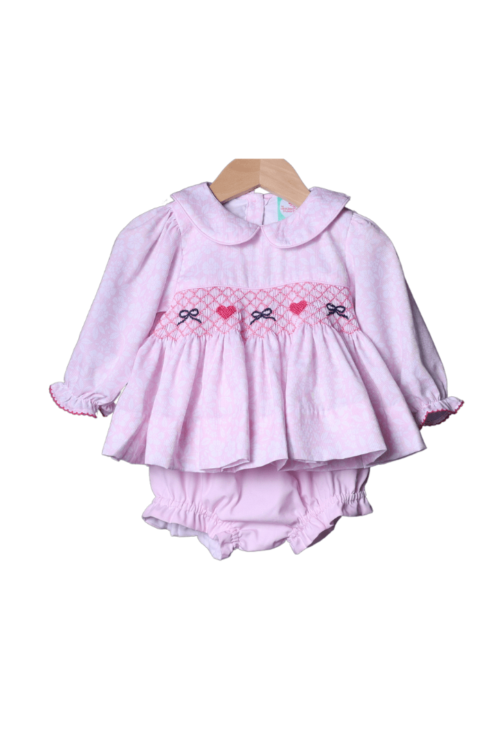 The Smocked Flamingo Apparel & Accessories Smocked Heart and Bow Pink Floral Bloomer Set