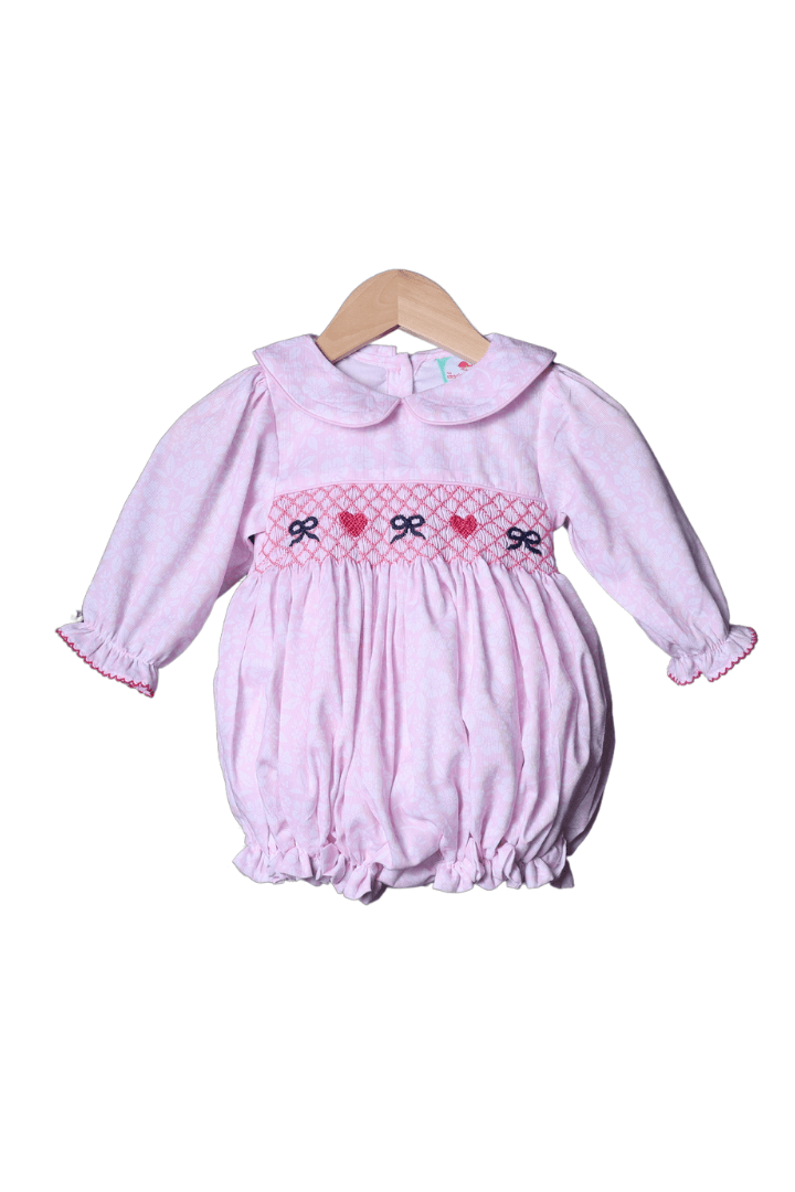 The Smocked Flamingo Apparel & Accessories Smocked Heart and Bow Pink Floral Bubble