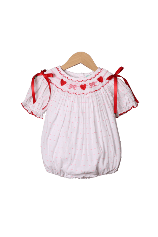 The Smocked Flamingo Apparel & Accessories Smocked Heart and Bow Swiss Dot Bubble