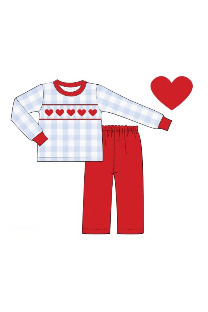 The Smocked Flamingo Apparel & Accessories Smocked Heart Blue Buffalo Check Pant Set
