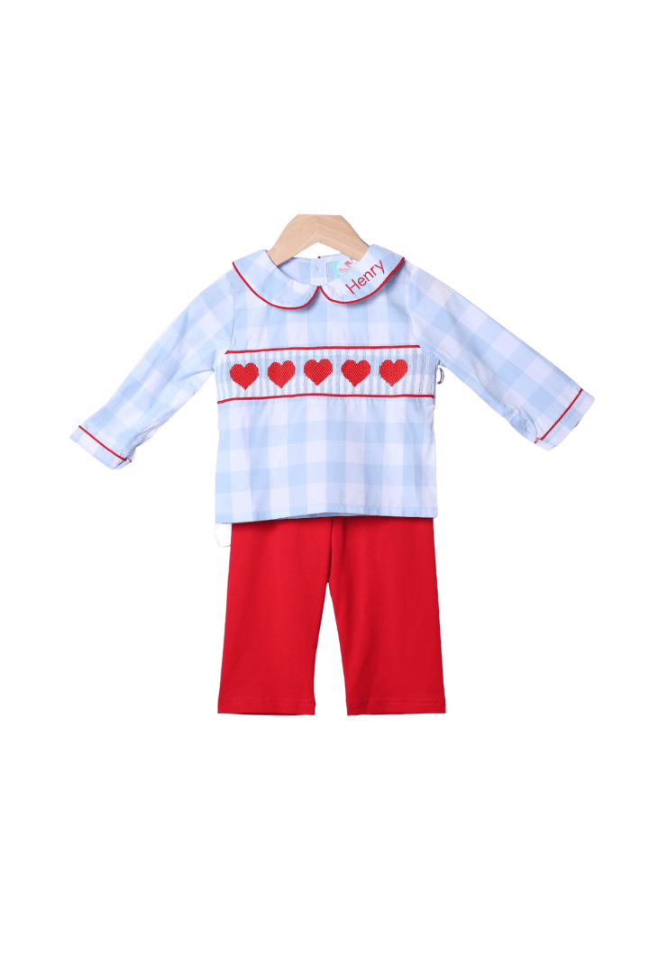The Smocked Flamingo Apparel & Accessories Smocked Heart Blue Gingham Pant Set