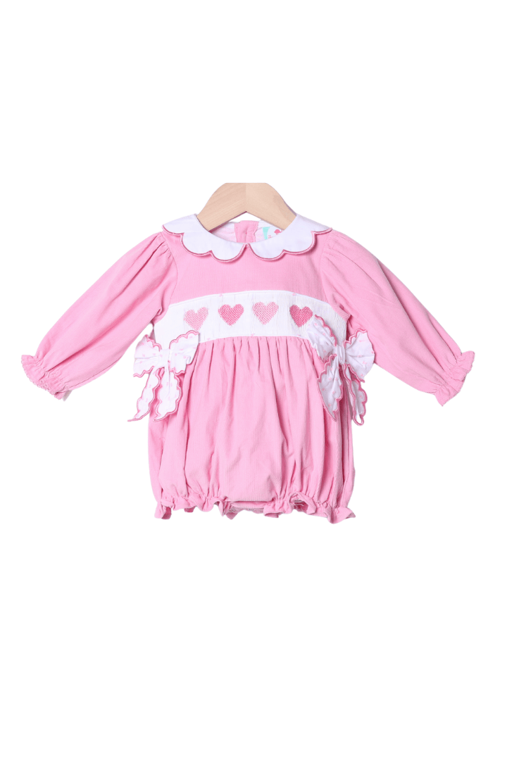 The Smocked Flamingo Apparel & Accessories Smocked Heart Pink Corduroy Bow Bubble