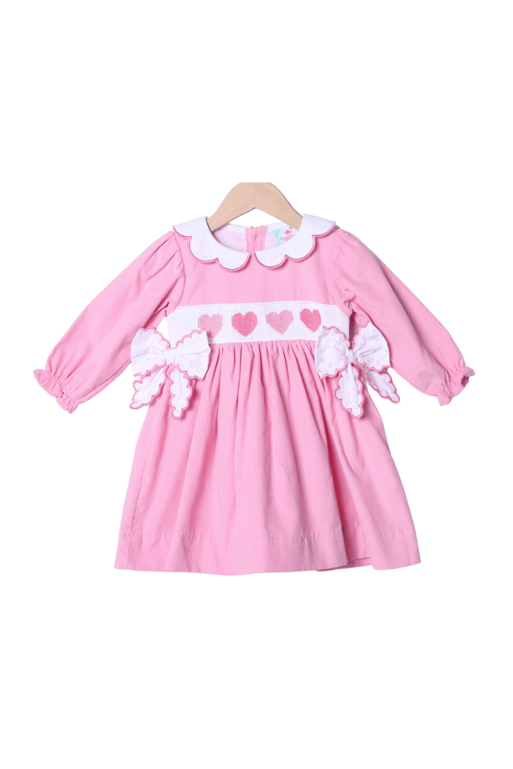 The Smocked Flamingo Apparel & Accessories Smocked Heart Pink Corduroy Bow Dress