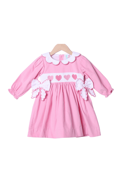 The Smocked Flamingo Apparel & Accessories Smocked Heart Pink Corduroy Bow Dress