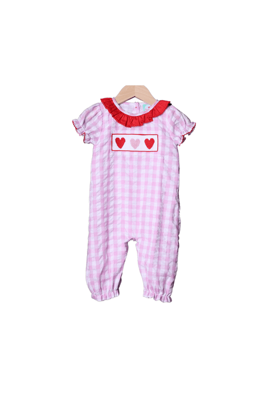 The Smocked Flamingo Apparel & Accessories Smocked Heart Pink Seersucker Romper