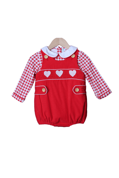 The Smocked Flamingo Apparel & Accessories Smocked Heart Red Corduroy Bubble Set