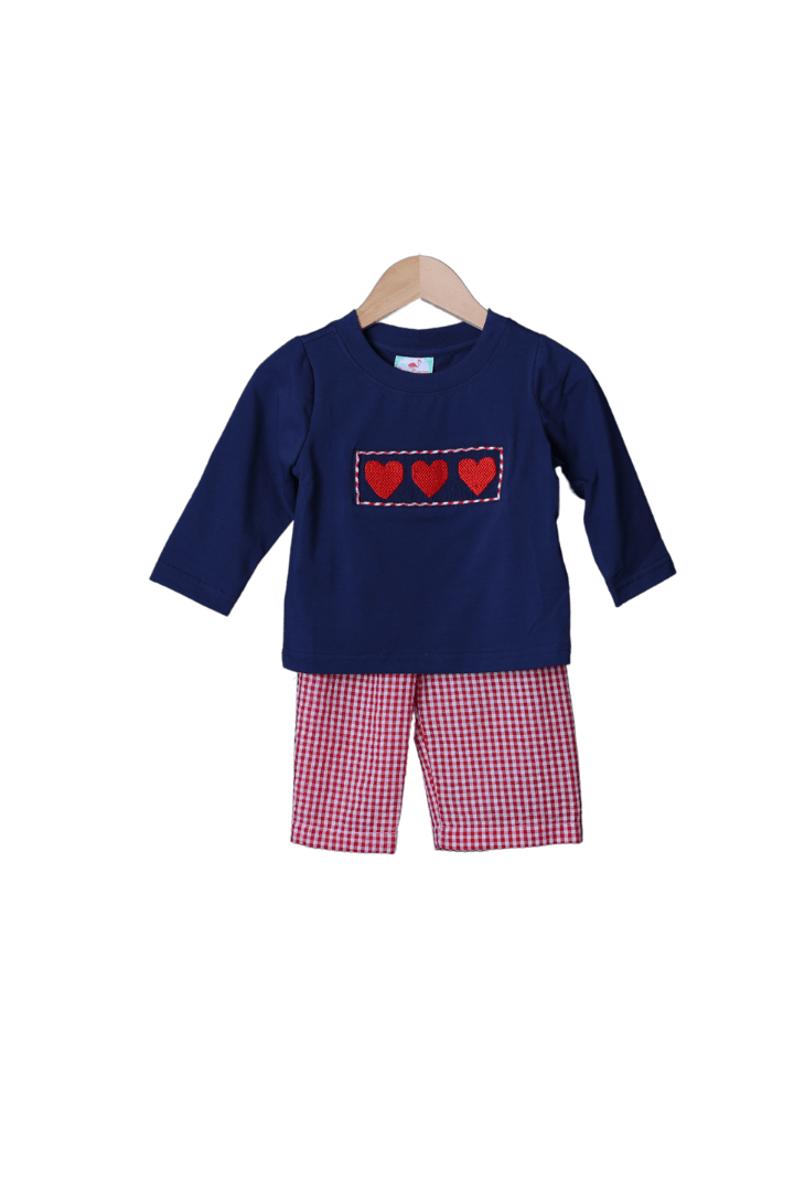 The Smocked Flamingo Apparel & Accessories Smocked Heart Red Seersucker Gingham Pant Set