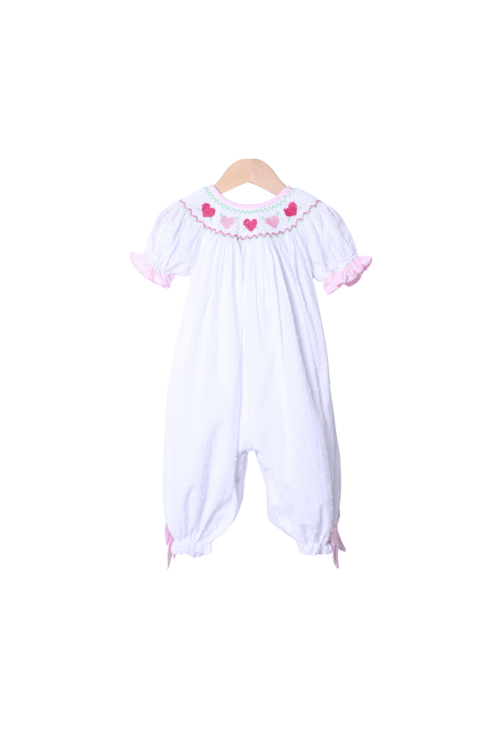 The Smocked Flamingo Apparel & Accessories Smocked Heart Swiss Dot/Pink Gingham Romper