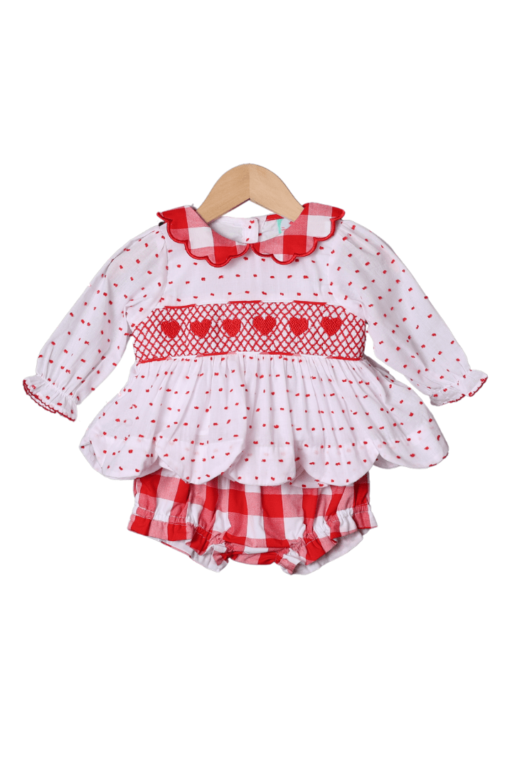 The Smocked Flamingo Apparel & Accessories Smocked Heart Swiss Dot Red Gingham Bow Bloomer Set