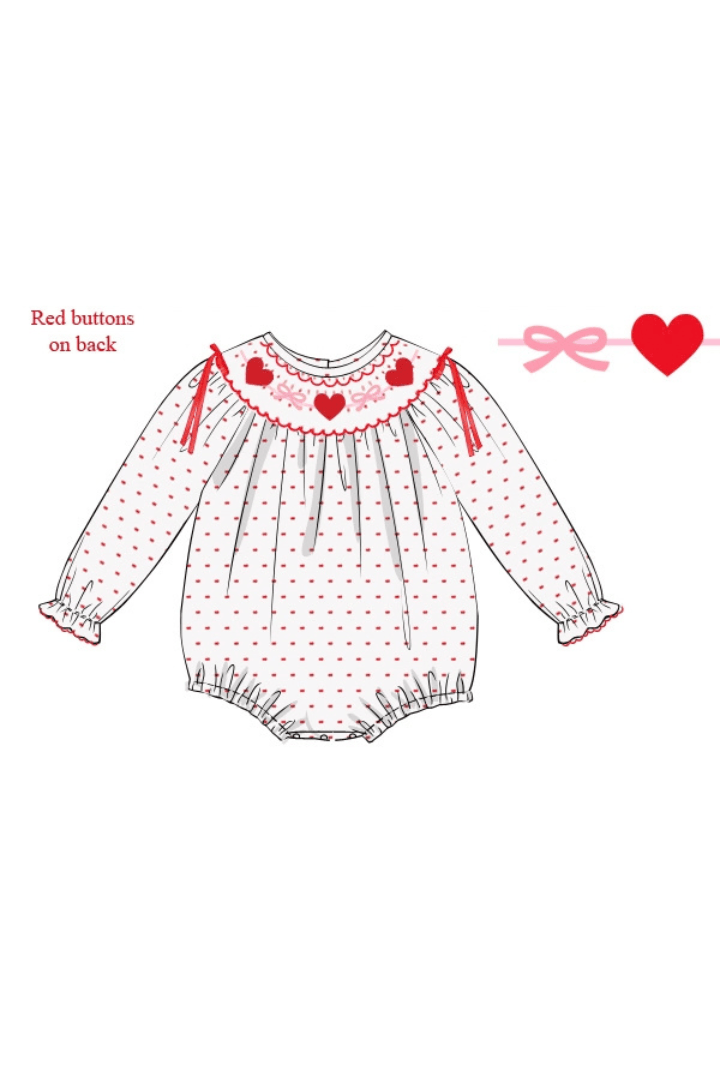 The Smocked Flamingo Apparel & Accessories Smocked Hearts and Bows Red Swiss Dot Bubble