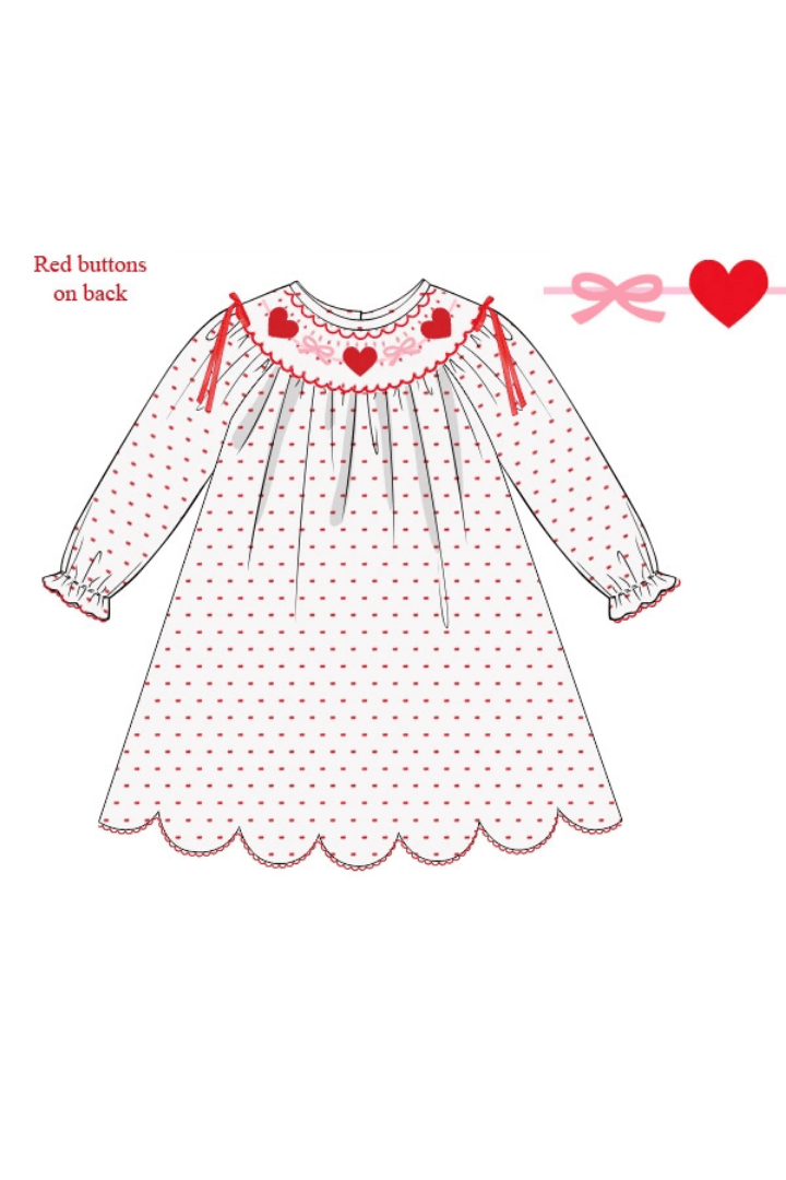 The Smocked Flamingo Apparel & Accessories Smocked Hearts and Bows Red Swiss Dot Dress
