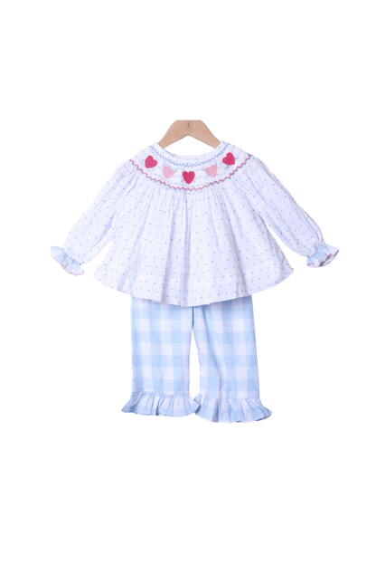 The Smocked Flamingo Apparel & Accessories Smocked Hearts Swiss Dot/Gingham Bishop Pant Set