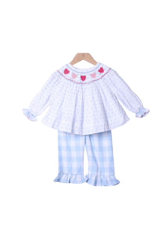 The Smocked Flamingo Apparel & Accessories Smocked Hearts Swiss Dot/Gingham Bishop Pant Set