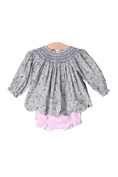 The Smocked Flamingo Apparel & Accessories Smocked Heirloom Blue and Pink Floral Bloomer Set