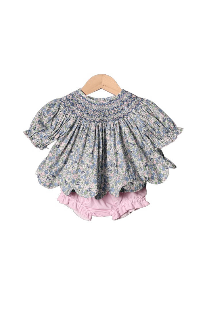 The Smocked Flamingo Apparel & Accessories Smocked Heirloom Blue and Pink Floral Short Sleeve Bloomer Set