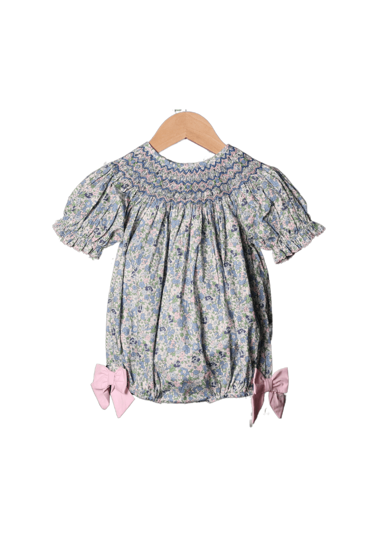 The Smocked Flamingo Apparel & Accessories Smocked Heirloom Blue and Pink Floral Short Sleeve Bubble